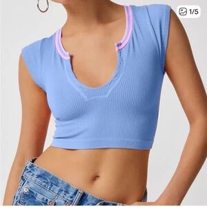 Urban Outfitters Sky Blue Pink Cropped Top Ribbed Tee M/L Medium Large Y2K